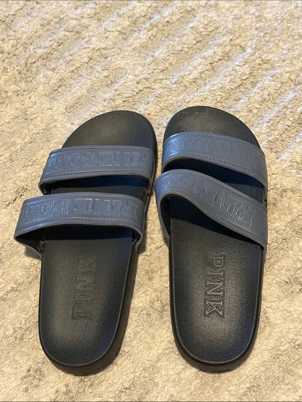 PINK Victoria's Secret Black Slide Sandals with Gray/Blue Straps
